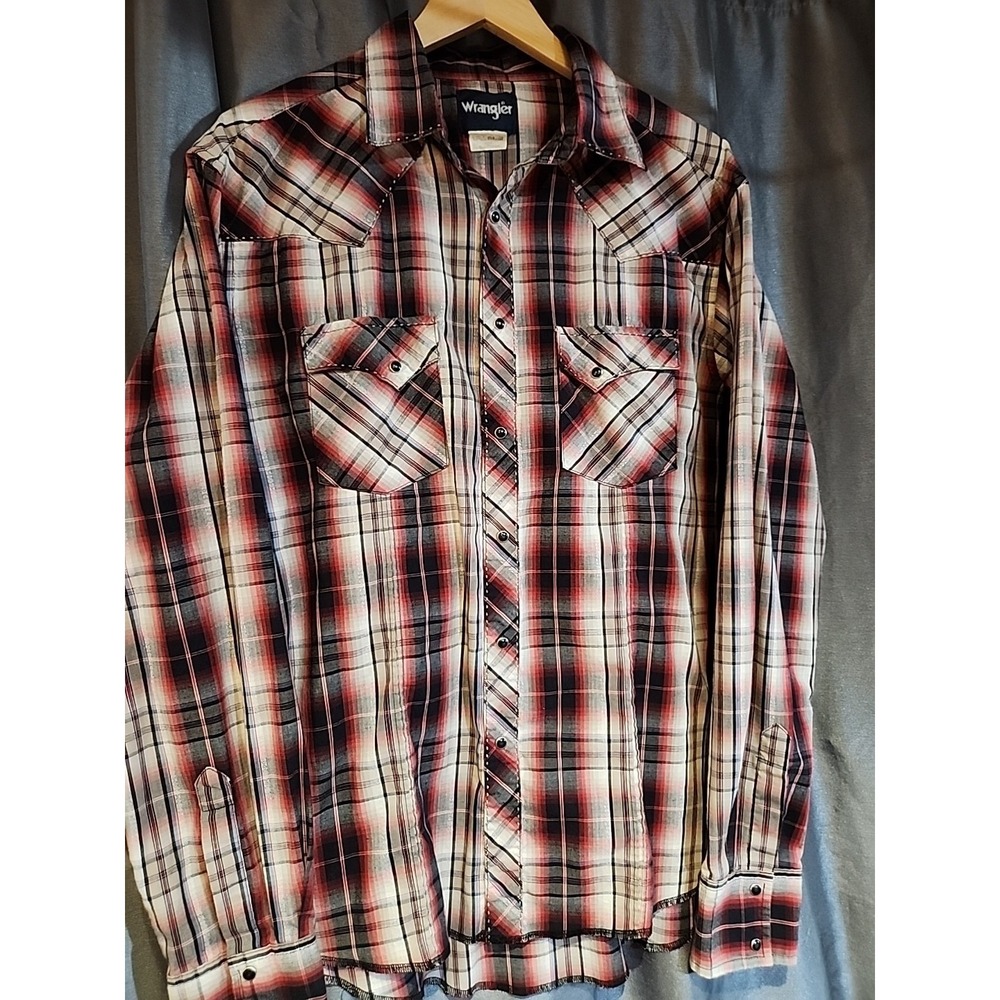 Wrangler‎ Mens Western Snap Plaid Shirt Red Black White Long Sleeve XL